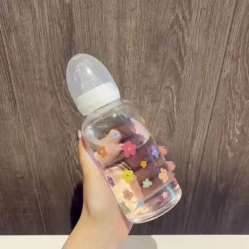 Milk Drinking Plastic Bottle Cup Bottle Flower Cute Bottle Straw Water Children For Baby Cartoon Adult Feeding Suitable Pacifier