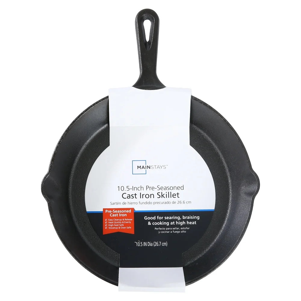 10.5 Inch Pre-Seasoned Cast Iron Skillet Non-Stick Heavy-Duty Kitchen Cookware Ideal Searing Frying Baking Outdoor Camping