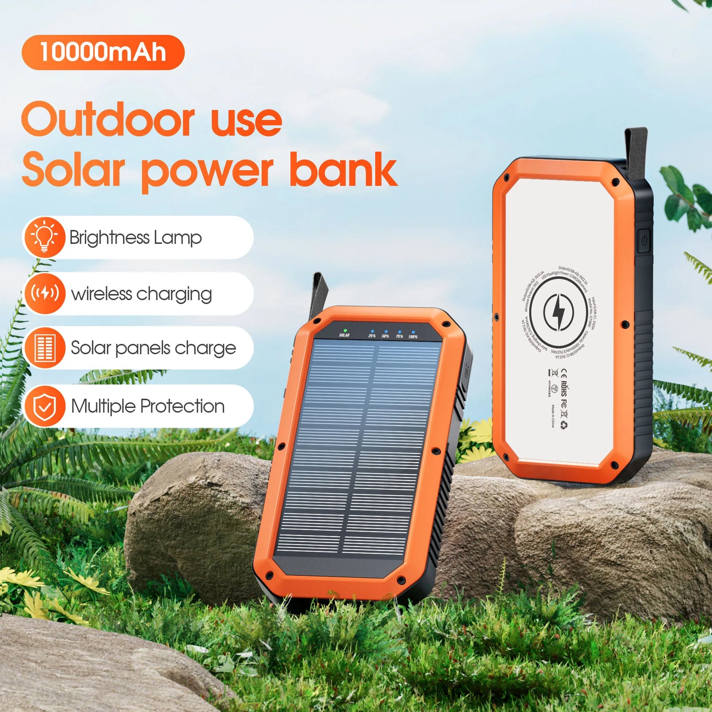 10,000mAh Solar Power Bank with Wireless Charging, Type-C Input, 3 USB & Type-C Outputs, LED Light for Outdoor Camping Travel