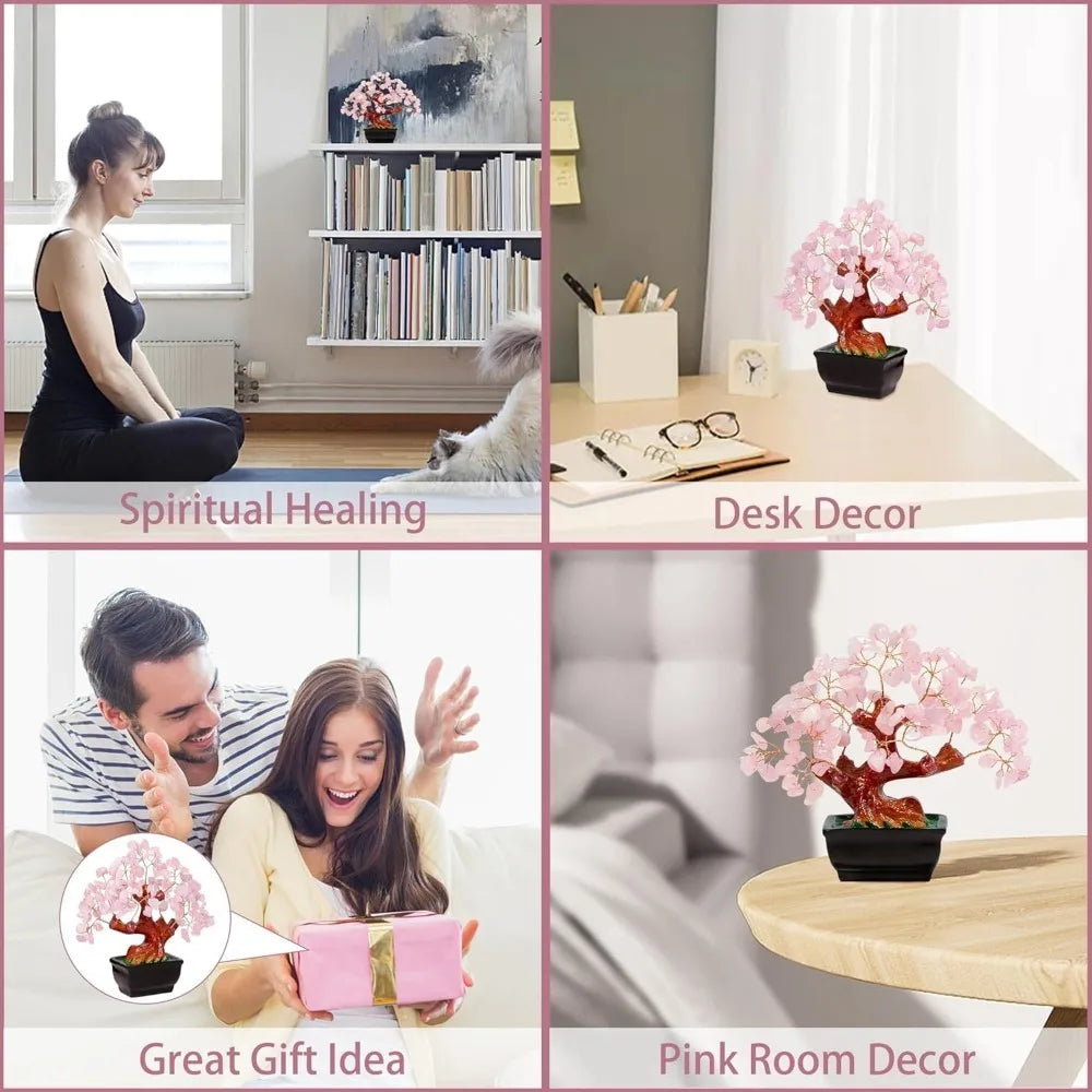 Parma77 Feng Shui Natural Rose Pink Quartz Crystal Money Tree, Healing Crystal Trees Bonsai Style Decoration for Wealth and Luck