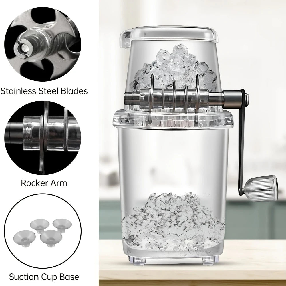 Hand-Crank Ice Crusher - Transparent Black Plastic Shaver for Cocktails, Smoothies, Margaritas - Compact, Portable Kitchen Tool