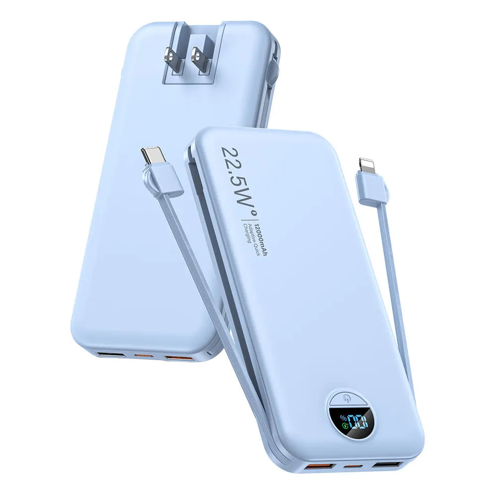 Ultra-Thin 12000mAh AC Wall Charger Power Bank with Built-in Cables, USB-C Fast Charging, Digital Display, Essential for Travel