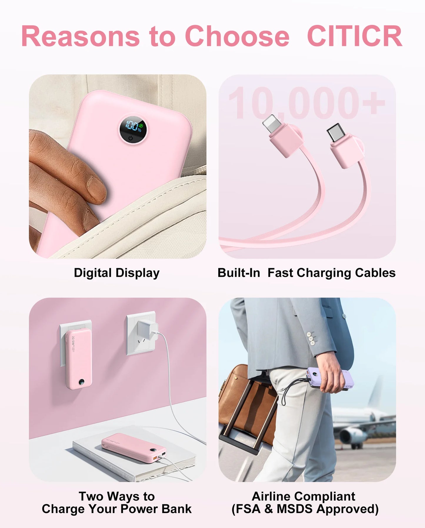 Ultra-Thin 12000mAh AC Wall Charger Power Bank with Built-in Cables, USB-C Fast Charging, Digital Display, Essential for Travel