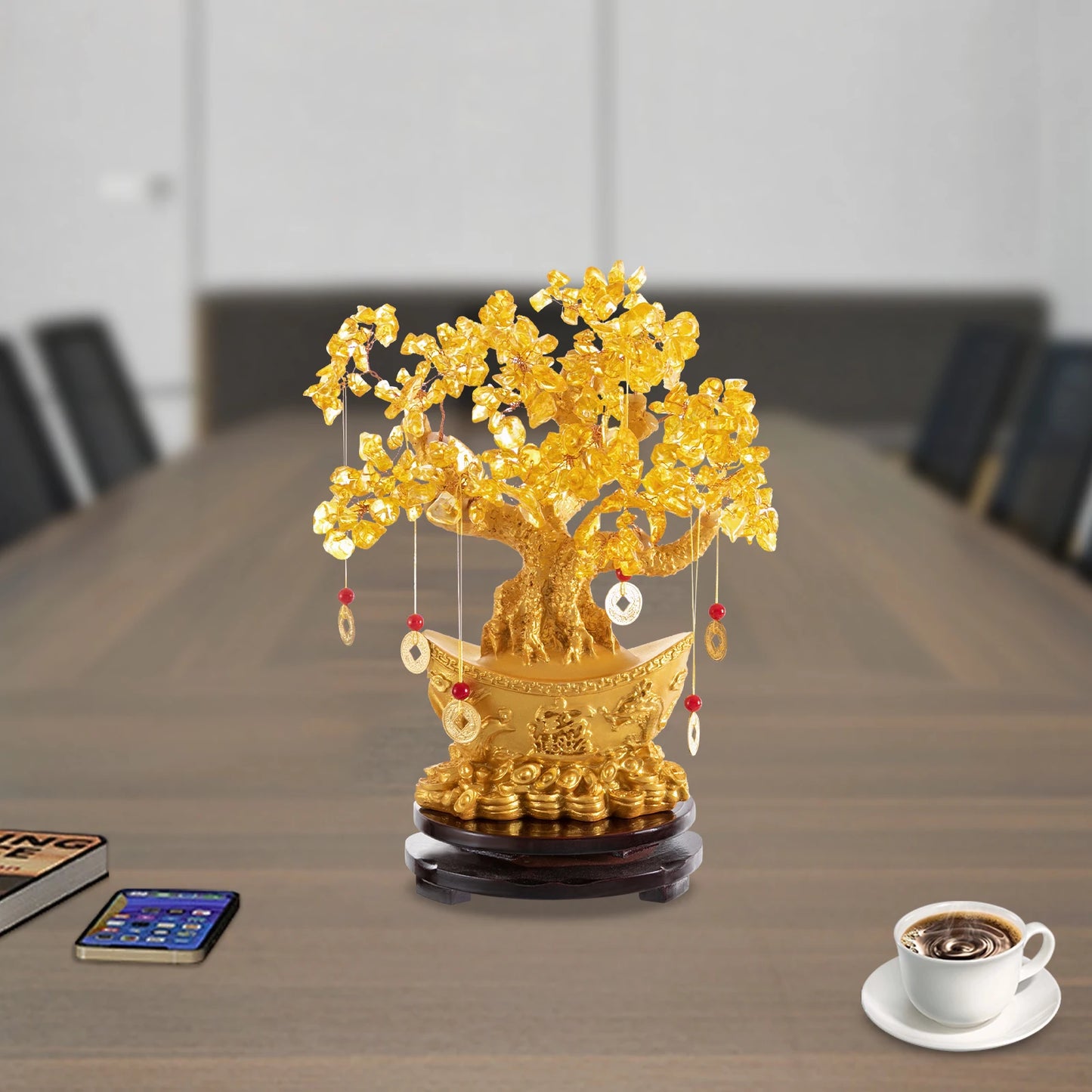 Golden Yellow Crystal Money Tree Pendant Medium Money Tree Decoration Crystal 28cm High Comes with Hanging Money and Base