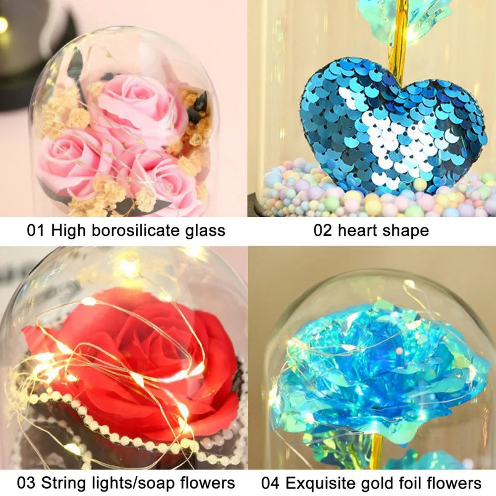 Gold Foil Flower LED Forever Rose Warm White Night Light Artificial Preserved Rose in Glass Dome for Valentine's Day Decoration