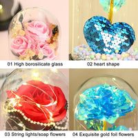 Gold Foil Flower LED Forever Rose Warm White Night Light Artificial Preserved Rose in Glass Dome for Valentine's Day Decoration