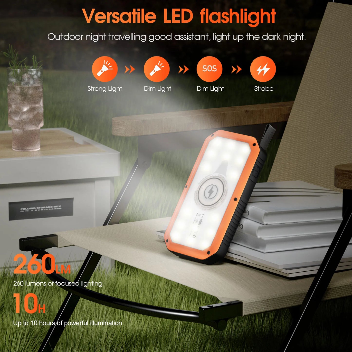 10,000mAh Solar Power Bank with Wireless Charging, Type-C Input, 3 USB & Type-C Outputs, LED Light for Outdoor Camping Travel