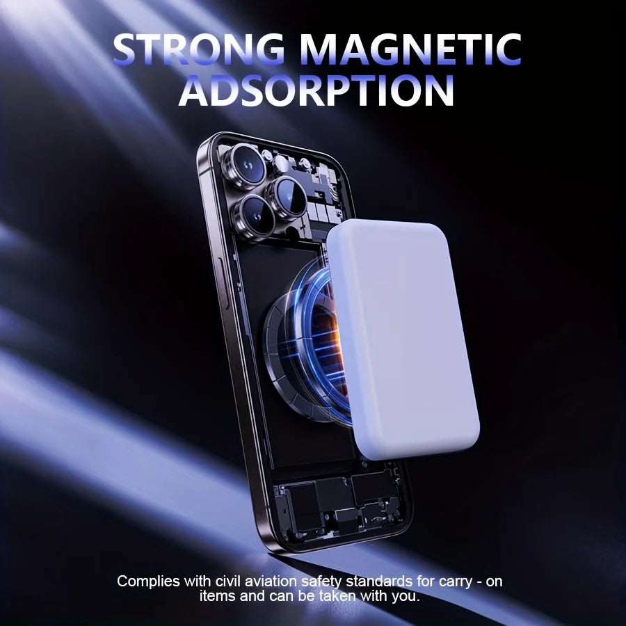 "Lightweight Magnetic Power Bank: 10000mAh, Fast Charging +FCC Certified. Perfect for iPhone 16/17!"