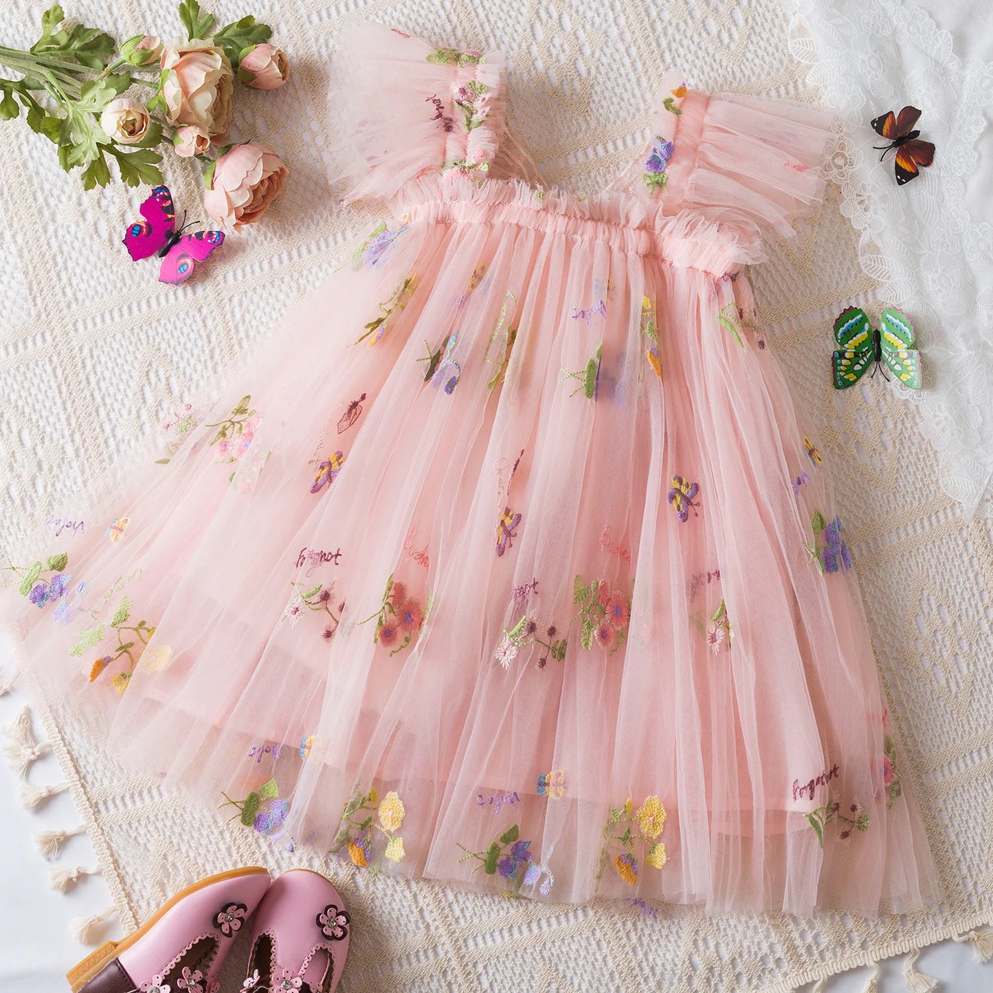Summer Girls' Princess Party Birthday Dress Sweet Baby Girls Dress Back Bow Wings Fairy Strap Embroidered Butterfly Mesh Dress