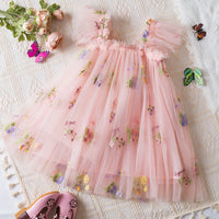 Summer Girls' Princess Party Birthday Dress Sweet Baby Girls Dress Back Bow Wings Fairy Strap Embroidered Butterfly Mesh Dress