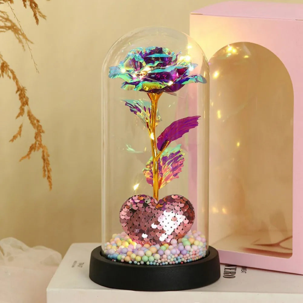 Gold Foil Flower LED Forever Rose Warm White Night Light Artificial Preserved Rose in Glass Dome for Valentine's Day Decoration