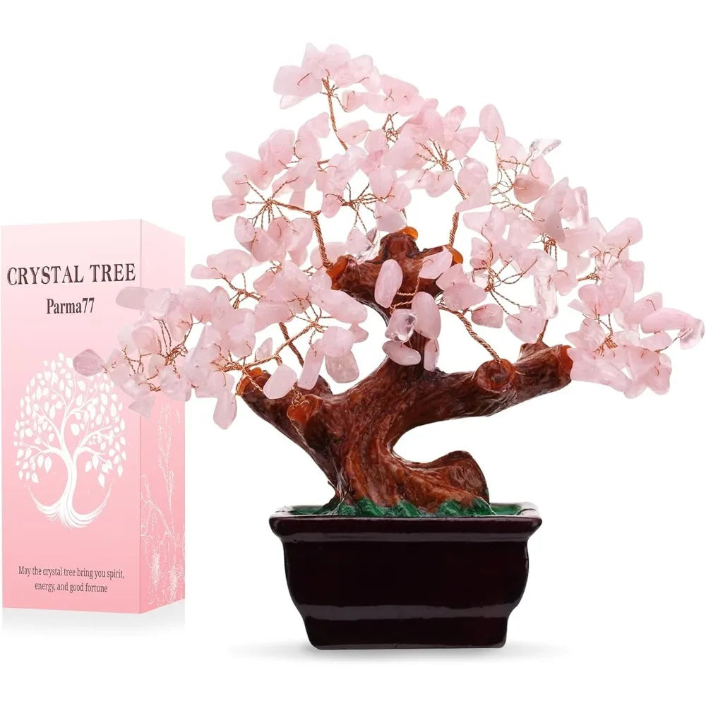 Parma77 Feng Shui Natural Rose Pink Quartz Crystal Money Tree, Healing Crystal Trees Bonsai Style Decoration for Wealth and Luck
