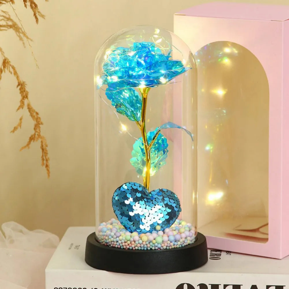 Gold Foil Flower LED Forever Rose Warm White Night Light Artificial Preserved Rose in Glass Dome for Valentine's Day Decoration