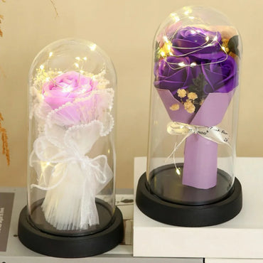 Gold Foil Flower LED Forever Rose Warm White Night Light Artificial Preserved Rose in Glass Dome for Valentine's Day Decoration