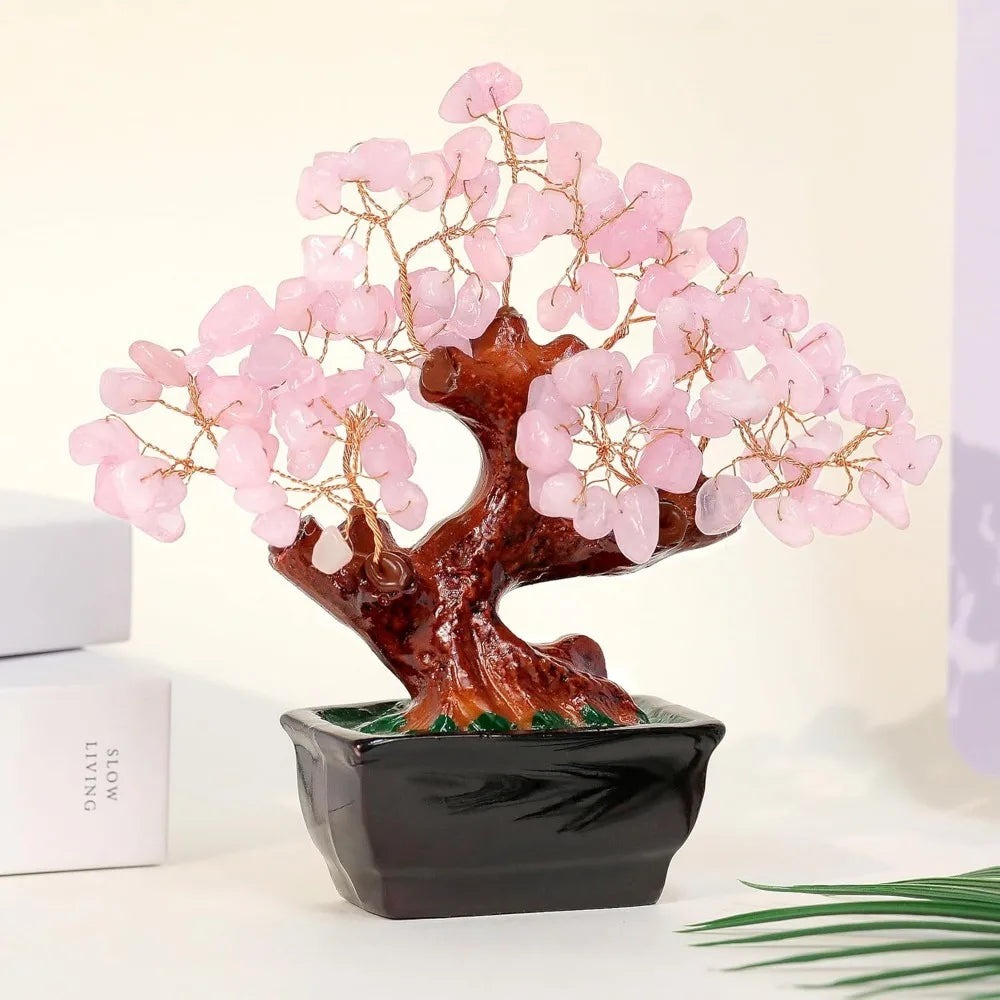 Parma77 Feng Shui Natural Rose Pink Quartz Crystal Money Tree, Healing Crystal Trees Bonsai Style Decoration for Wealth and Luck