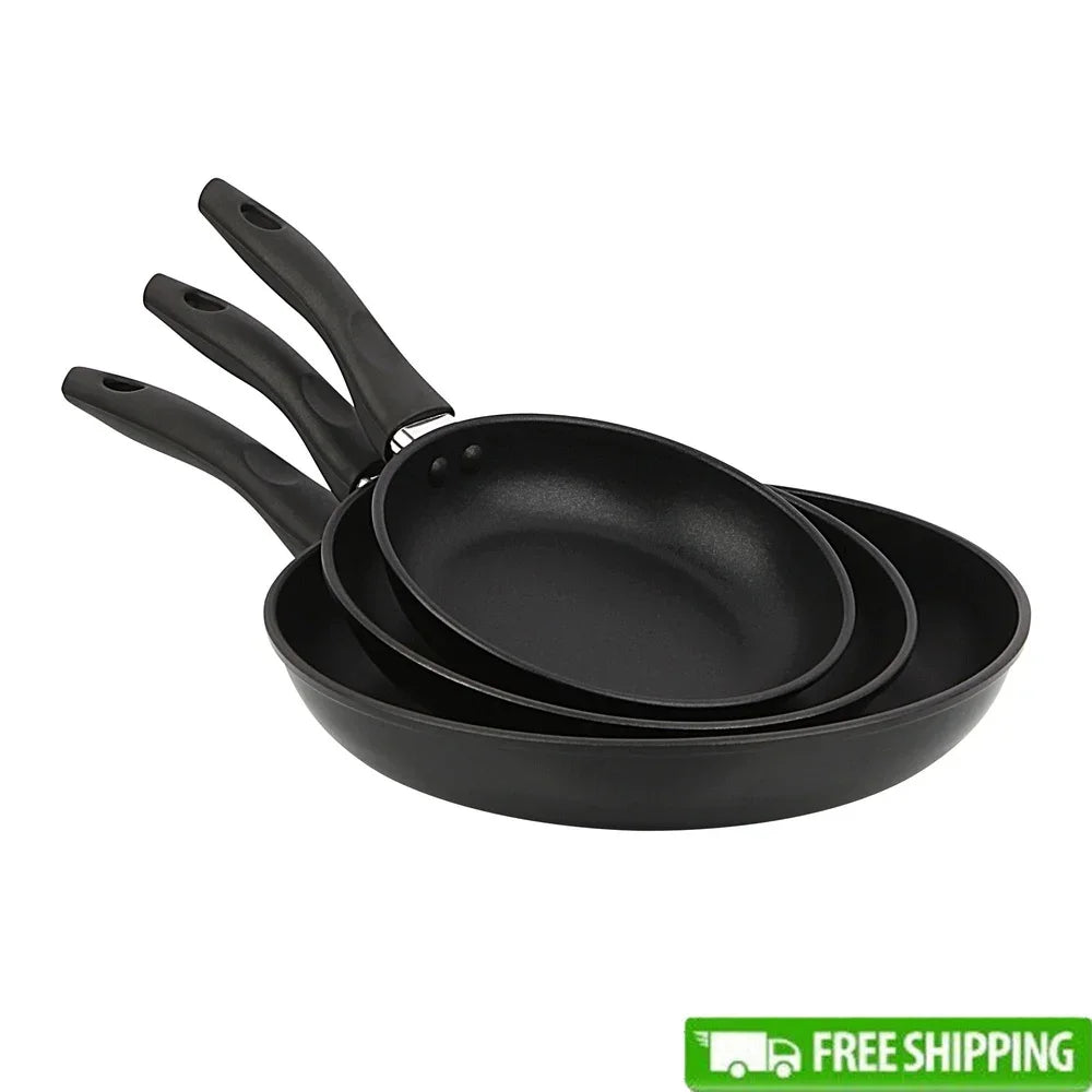 3-Piece Nonstick Skillet Set Aluminum Cookware Easy Clean Lightweight Durable Heat Evenly Dishwasher Safe Riveted Handle Kitchen