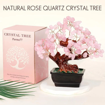 Parma77 Feng Shui Natural Rose Pink Quartz Crystal Money Tree, Healing Crystal Trees Bonsai Style Decoration for Wealth and Luck