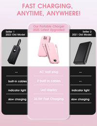 Ultra-Thin 12000mAh AC Wall Charger Power Bank with Built-in Cables, USB-C Fast Charging, Digital Display, Essential for Travel