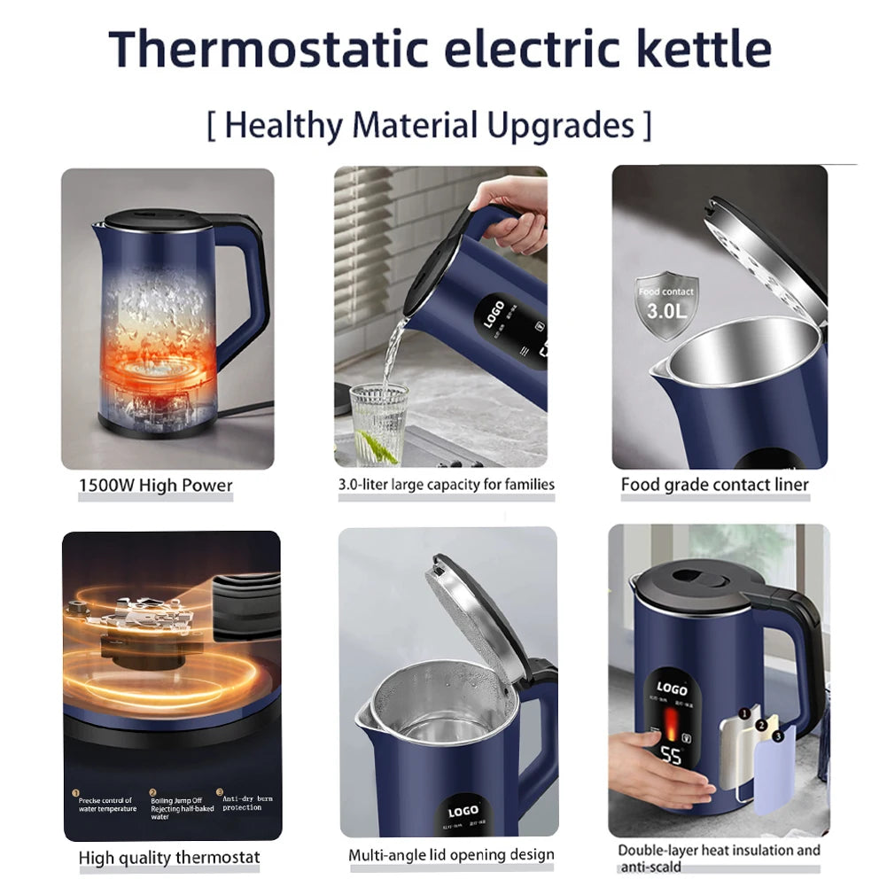 3L Stainless Steel Electric Digital Display Hot Water Boiler Auto-Shutoff Thermal Water Kettle Boil Water Pot Home Kitchen Tool