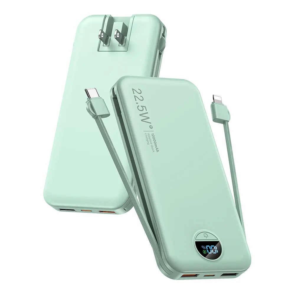 Ultra-Thin 12000mAh AC Wall Charger Power Bank with Built-in Cables, USB-C Fast Charging, Digital Display, Essential for Travel