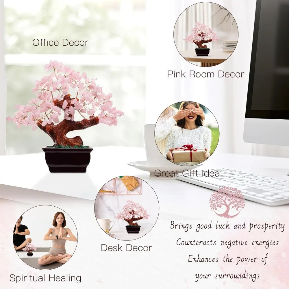 Parma77 Feng Shui Natural Rose Pink Quartz Crystal Money Tree, Healing Crystal Trees Bonsai Style Decoration for Wealth and Luck