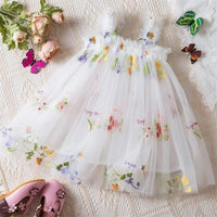 Summer Girls' Princess Party Birthday Dress Sweet Baby Girls Dress Back Bow Wings Fairy Strap Embroidered Butterfly Mesh Dress
