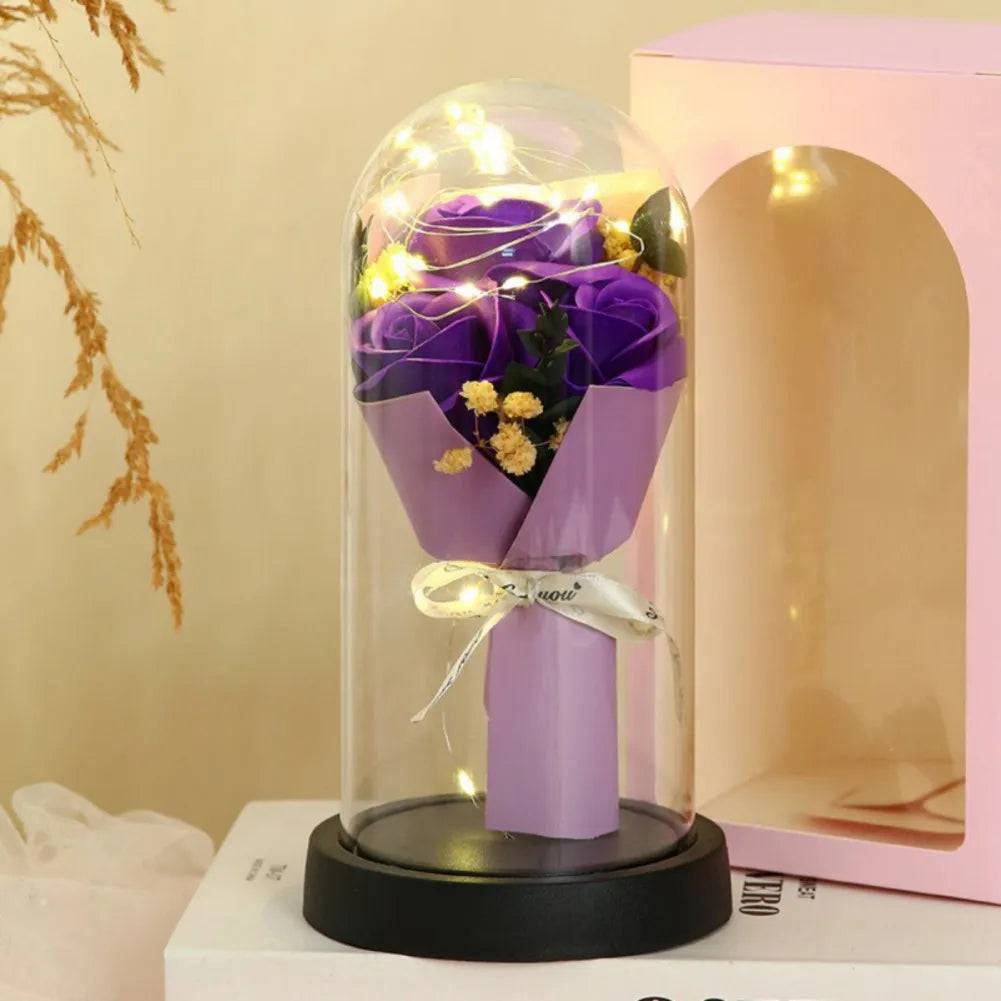Gold Foil Flower LED Forever Rose Warm White Night Light Artificial Preserved Rose in Glass Dome for Valentine's Day Decoration