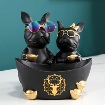 Resin Couple Dog Statue Decoration with Stainless Steel Disc Storage Statues Decor Simulated Art Props Good Gift for Living Room