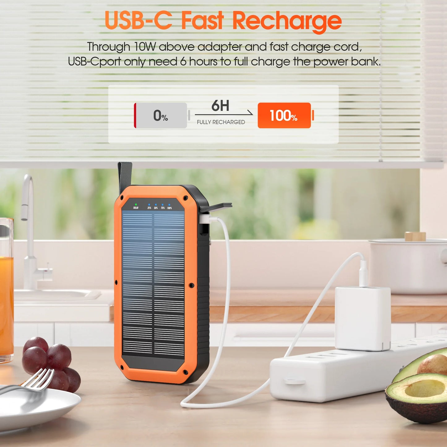 10,000mAh Solar Power Bank with Wireless Charging, Type-C Input, 3 USB & Type-C Outputs, LED Light for Outdoor Camping Travel