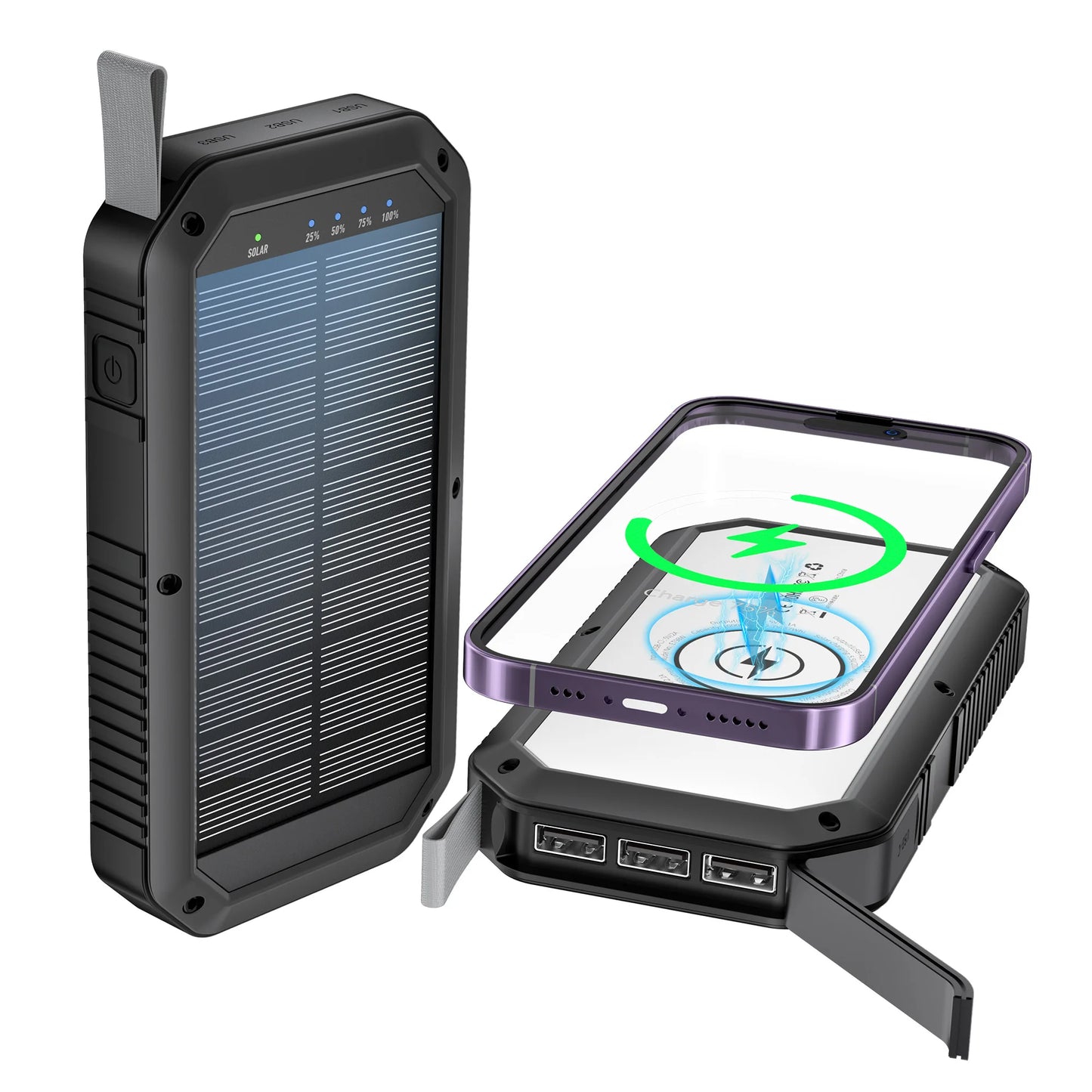 10,000mAh Solar Power Bank with Wireless Charging, Type-C Input, 3 USB & Type-C Outputs, LED Light for Outdoor Camping Travel