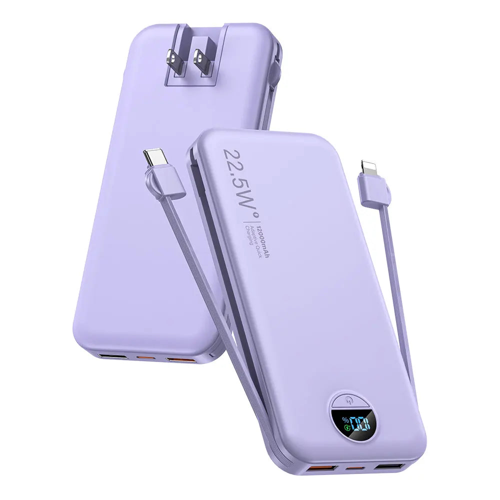 Ultra-Thin 12000mAh AC Wall Charger Power Bank with Built-in Cables, USB-C Fast Charging, Digital Display, Essential for Travel