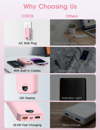 Ultra-Thin 12000mAh AC Wall Charger Power Bank with Built-in Cables, USB-C Fast Charging, Digital Display, Essential for Travel