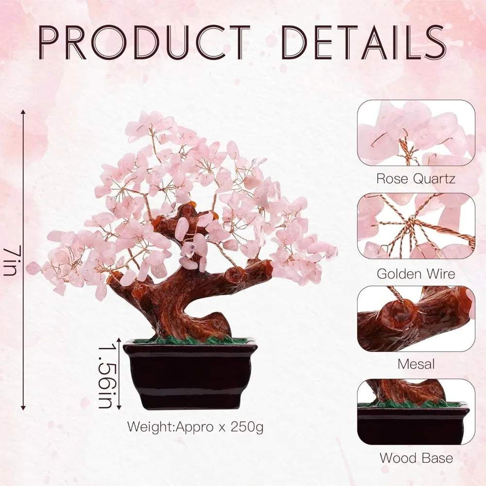 Parma77 Feng Shui Natural Rose Pink Quartz Crystal Money Tree, Healing Crystal Trees Bonsai Style Decoration for Wealth and Luck